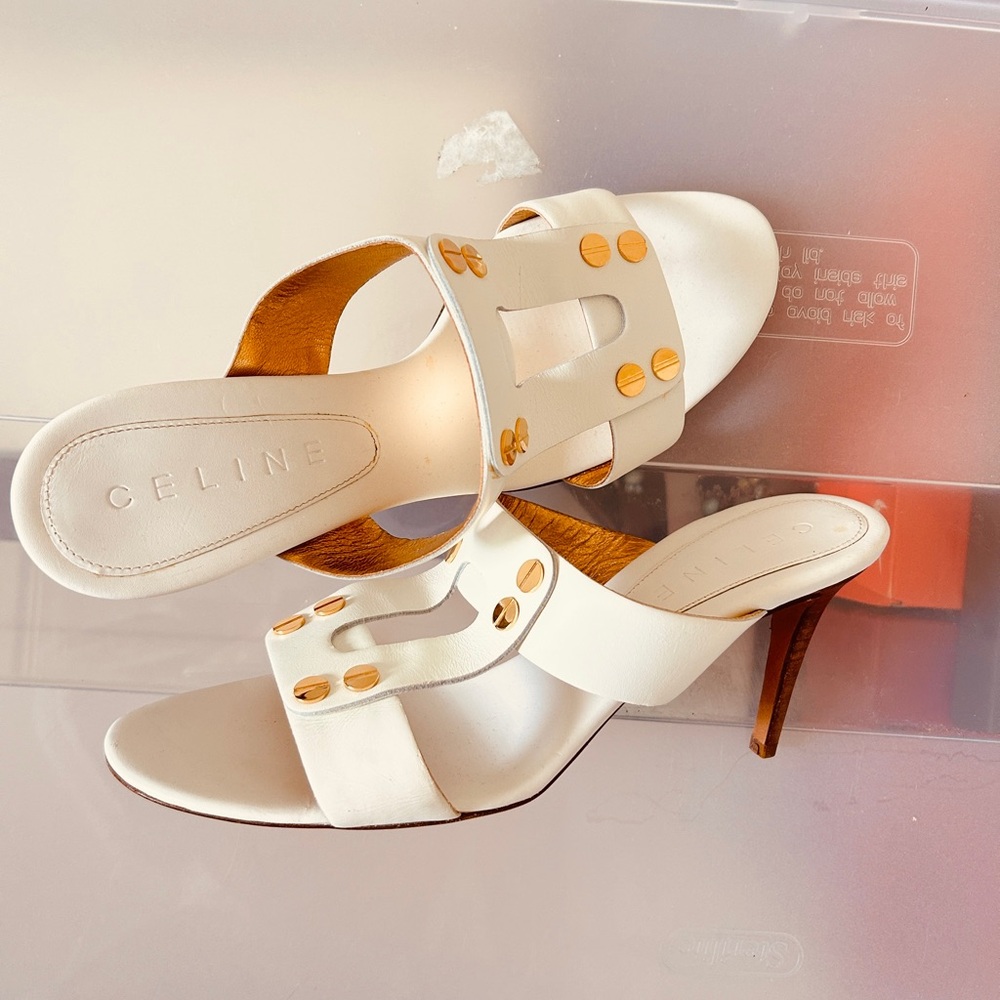 Celine White Heeled Mules with Circular Cutouts
